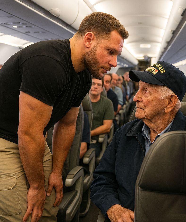 BREAKING NEWS: At 30,000 feet in the dead of night, passengers aboard a packed flight fell silent as an NFL superstar quietly stood up, walked past first class, and knelt beside a wounded U.S. veteran — offering his own seat and covering every expense without revealing his name, a moment witnesses say felt “bigger than football, bigger than fame.” 1113